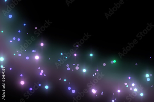 Fototapeta Naklejka Na Ścianę i Meble -  Flight of blue and violet bokeh particles. Magical shimmering light. Isolated on black background.