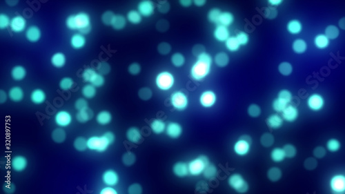 Bright blue bokeh lights abstract background. Flying particles or dust. Vivid lightning. Merry christmas design. Blurred light dots. Can use as cover, banner, postcard, flyer. © Bokehstore