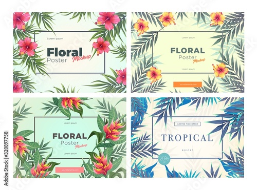 Set of Bright tropical backgrounds with jungle plants. Exotic patterns with tropical leaves
