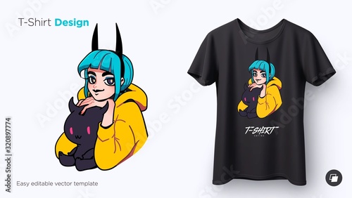 T-shirt design of cute stylish cool girl girl and her pet. Anime style illustration for t-shirts, posters, sweatshirts and souvenirs