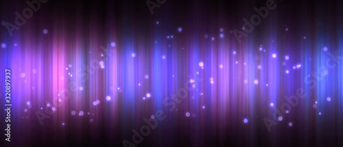 Bright violet bokeh lights abstract background. Flying purple particles or dust. Vivid lightning. Merry christmas design. Blurred light dots. North lights. Blue and violet colors.