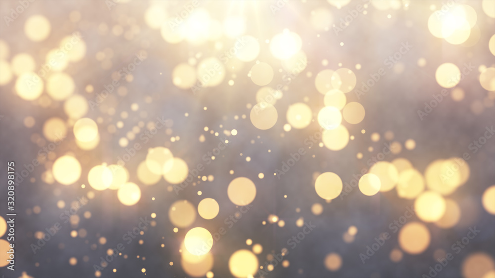 Bright gold bokeh lights abstract background. Flying golden particles or dust. Vivid lightning. Merry christmas design. Blurred light dots. Can use as cover, banner, postcard, flyer.