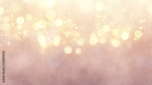 Bright gold bokeh lights abstract background. Flying golden particles or dust. Vivid lightning. Merry christmas design. Blurred light dots. Can use as cover, banner, postcard, flyer.