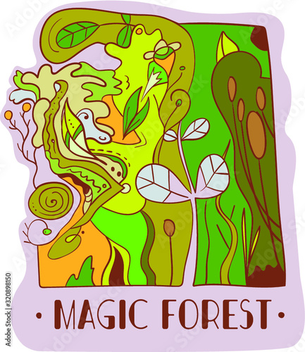 Magic Forest - Illustration with leaves, flowers, trees, grass, berries. Cover, poster, abstract, doodle, hand drawn. Green vibes.