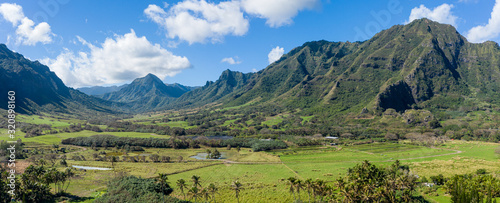 Wide panorama of the Kualoa or Ka'a'awa valley near Kaneohe on Oahu used in jurassic films