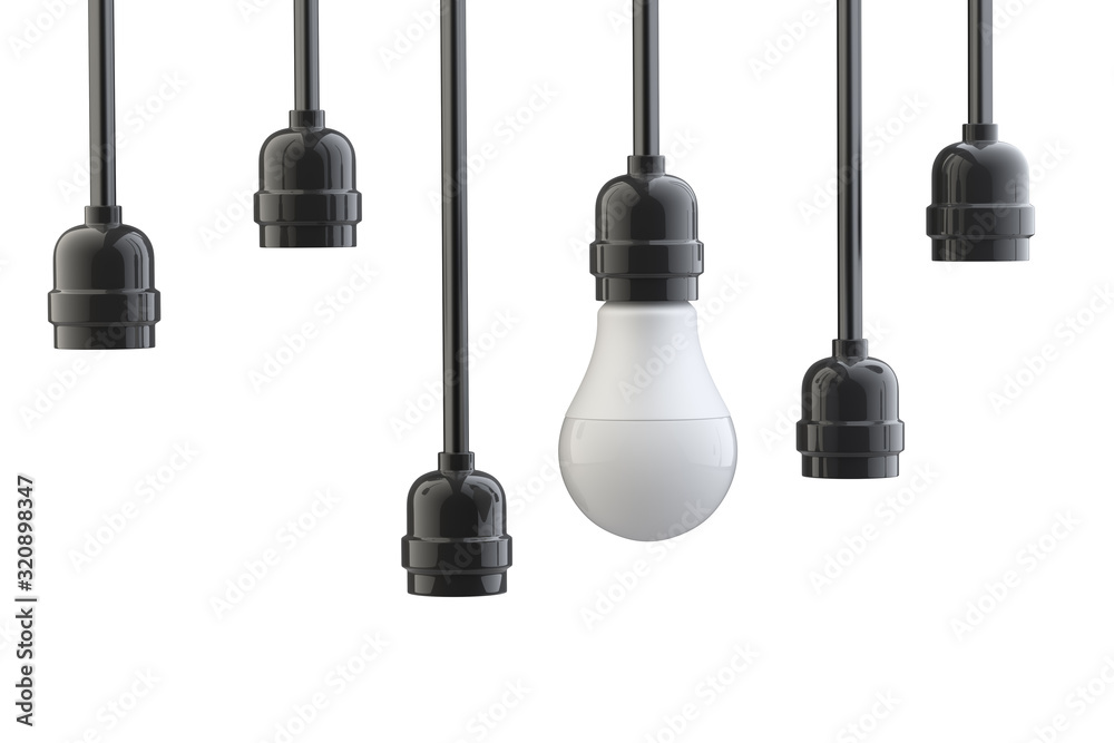 Naklejka premium Light bulb in electric cartridge on wires, the other cartridges are empty. Leadership concept