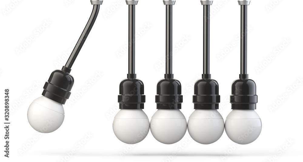 Naklejka premium Newton's cradle made of light bulbs, teamwork leadership concept icon.
