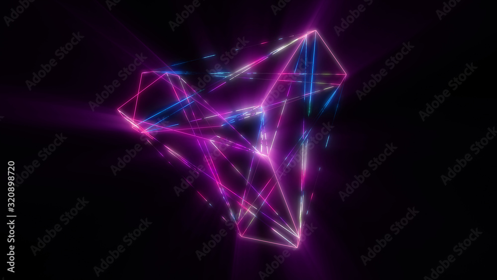 Fototapeta premium Abstract cg polygonal grid blue and pink neon triangles. Geometric light motion background. Lowpoly wireframe
