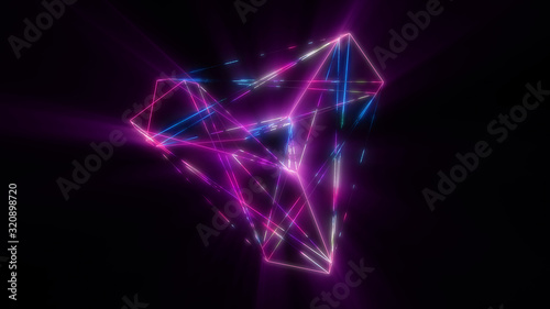 Abstract cg polygonal grid blue and pink neon triangles. Geometric light motion background. Lowpoly wireframe