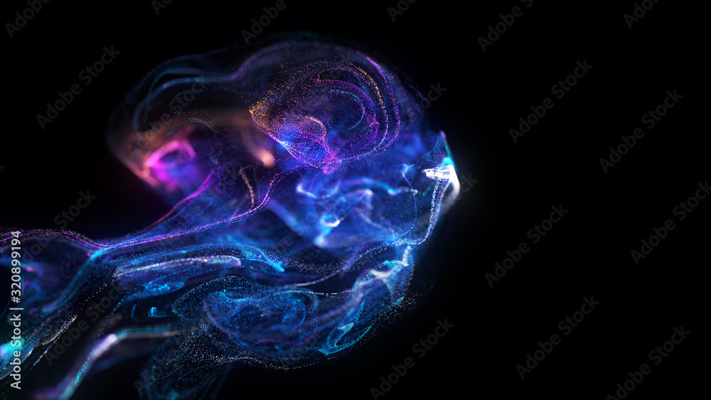 Liquid glowing multicolor neon dust. Fluid blue and pink wallpaper. Abstract background. Particles cloud.