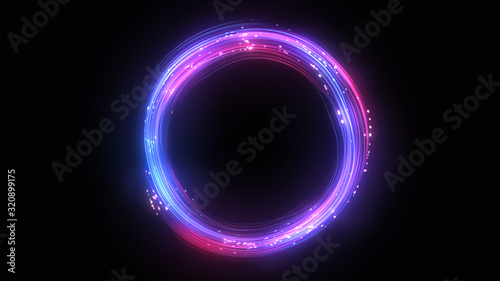 Neon circle. Round frame background. Multiple lines swirls. Blue and pink color. Glowing ring. Isolated on black.