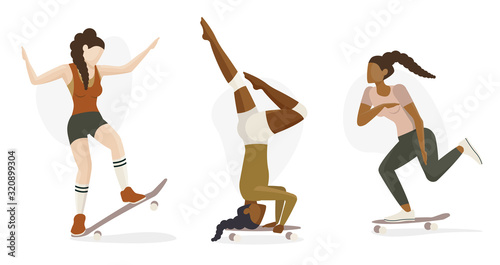 Girls Learning to Skateboard, Icon Set, Multiracial Diversity Concept 