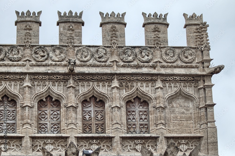 Lonja de la Seda (15th-16th century), UNESCO World Heritage List, Valencia, Spain. Architectural detail of facade