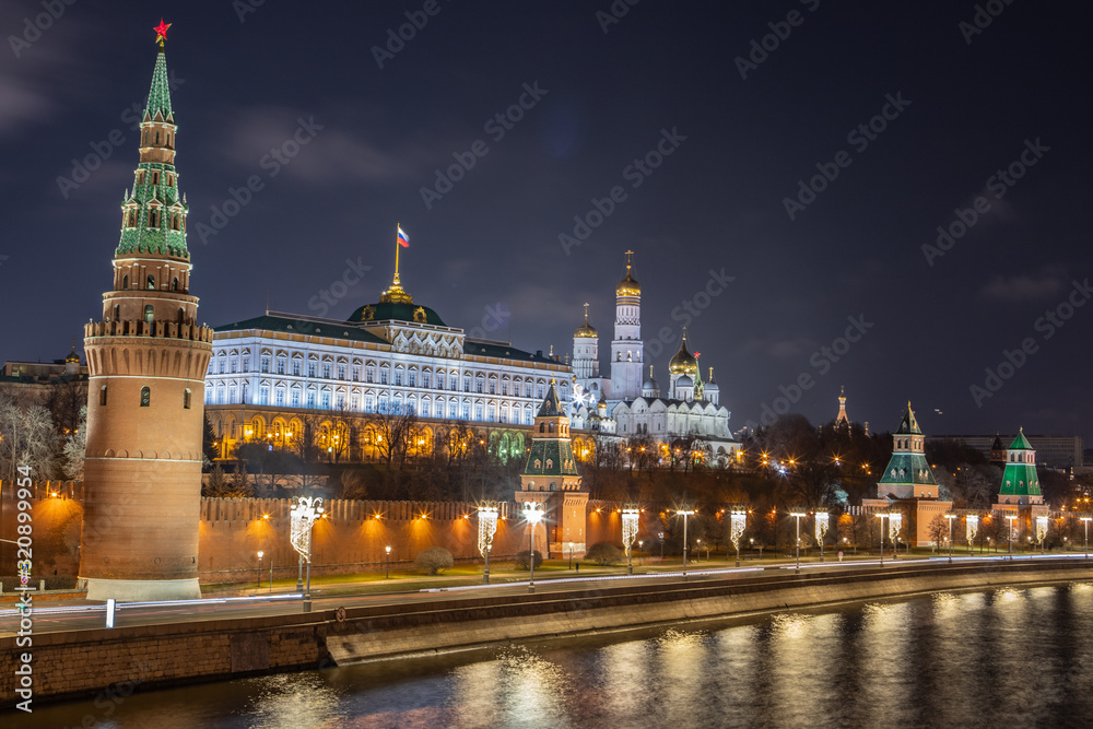 View of the Kremlin, The Grand Kremlin Palace, Moscow river, Annunciation Cathedral and  from a Large stone bridge
