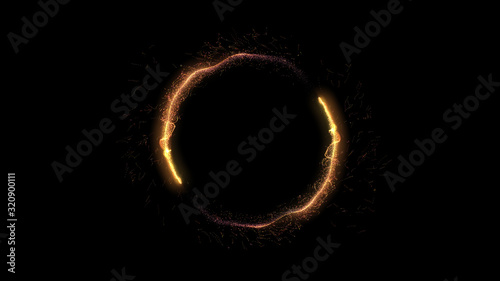 Neon circle. Round frame background. Multiple sparkle swirls. Gold color. Glowing ring. Isolated on black.
