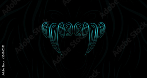 Vampire sharp fangs logotype. teeth icon in liquid blue neon style. vector background