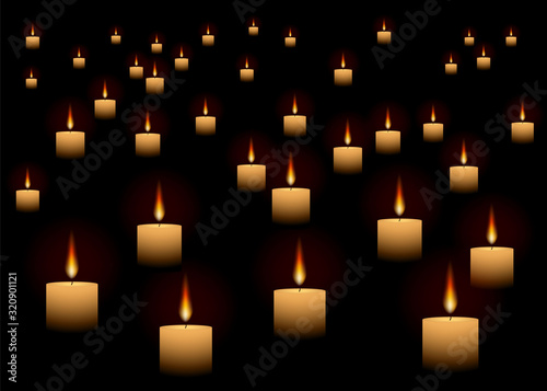 Candles glowing in dark abstract realistic vector background for web and print, with warm lights and blurred backdrop