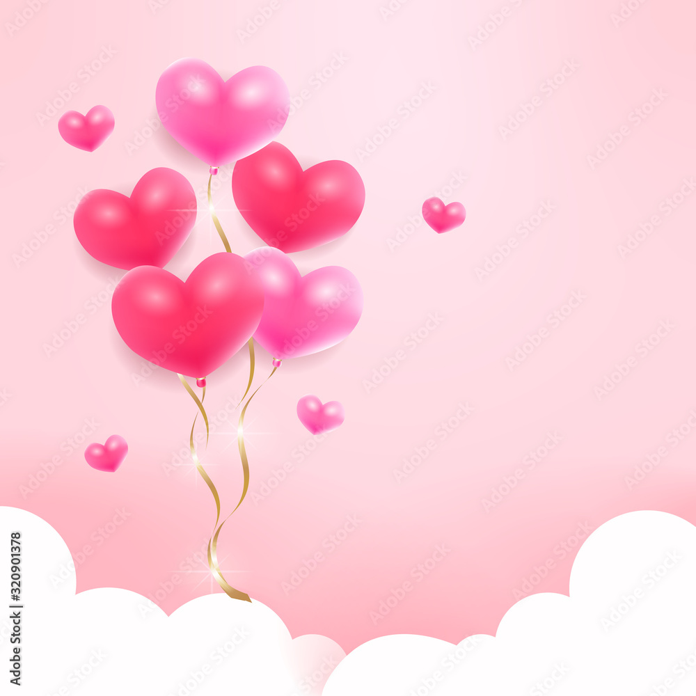 Valentine illustration of heart-shaped balloons on pink background