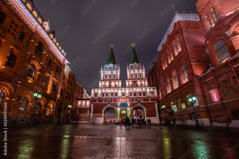 Voskresenskiye Vorota (Resurrection Gate) of Kremlin at night