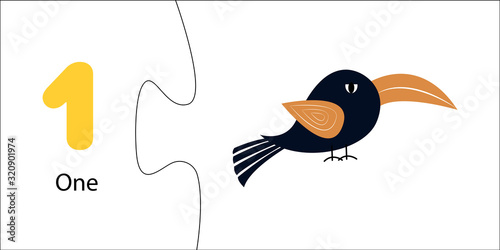 Number one with cute bird. game is two-piece puzzle. Educational card. Mathematics, arithmetic for children. Ordinary account for preschool children, kindergartens, home schooling