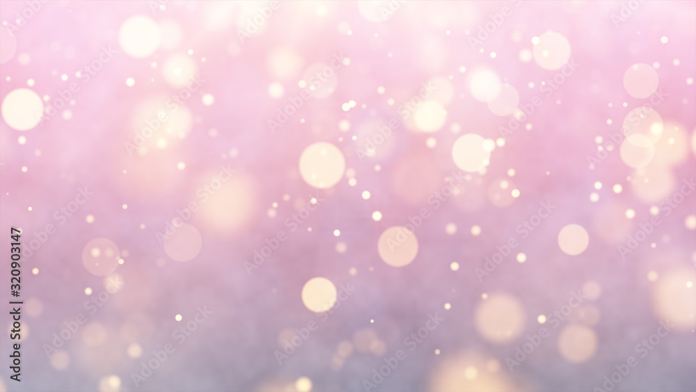 Bright pink bokeh lights abstract background. Flying gold particles or dust. Vivid lightning. Merry christmas design. Blurred light dots.