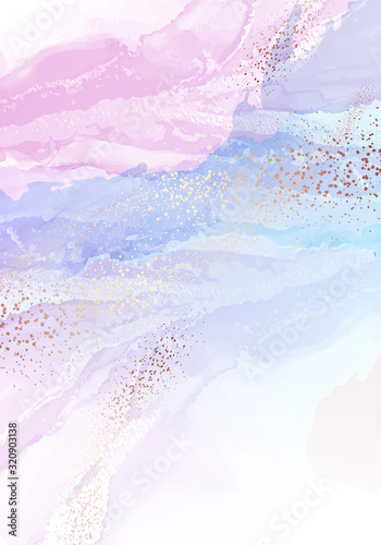 Hologram tender pink violet ink, watercolro swirls, alcohol ink dynamic shape with golden glitter. Pastel colors backdrop
