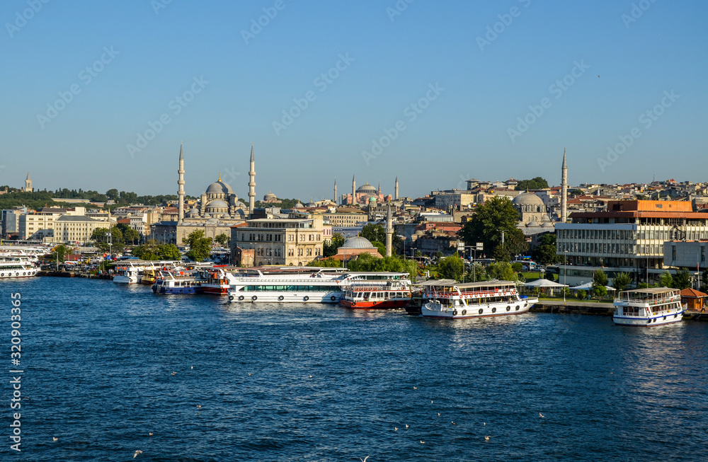 City of Istanbul, view from the Golden Horn on the left side New Mosque ( Yeni Valide Camii) on the far right Hagia Sophia (Ayasofya), Turkey