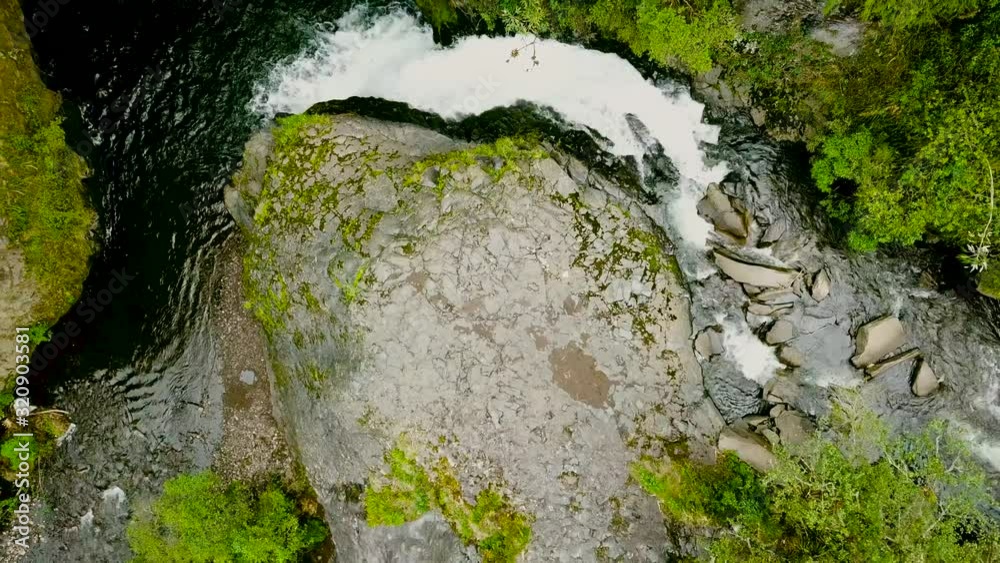 Aerial View of Bright Lime Gree Forest River with Rushing Water Passing Through Aerial View of Bright Lime Gree Forest River with Rushing Water Passing Through