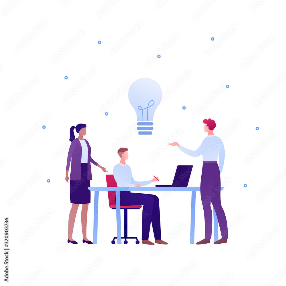Business teamwork brainstorm concept. Vector flat person illustration. Group of people discuss around table with laptop and light bulb idea sign. Design element for banner poster, background. Business teamwork brainstorm concept. Vector flat person illustration. Group of people discuss around table with laptop and light bulb idea sign. Design element for banner poster, background.