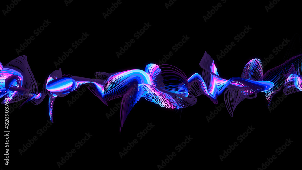 Obraz premium Bright wavy background. Glowing dots and lines. Neon light. Wave element for design. Smooth particle waves. Dynamic techno wallpaper. Blue and violet