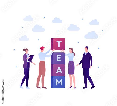 Business teamwork success concept. Vector flat person illustration. Group of male and female employee in suit building tower of block with team text. Design element for banner poster, background.