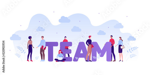 Business teamwork and coworking office concept. Vector flat person illustration. Set of different ethnic employee around team text. Design element for banner, poster, background