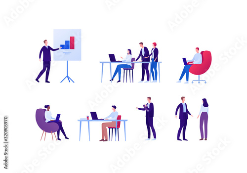 Business teamwork and coworking office concept. Vector flat person illustration. Set of different ethnic employee in various situation. Design element for banner, poster, background