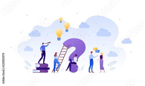 Business faq and education concept. Vector flat person illustration. Group of male and female people with idea light bubble sign, book, ladder and laptop. Design element for banner, poster, background