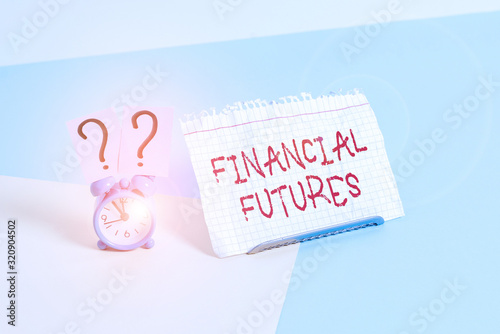 Text sign showing Financial Futures. Business photo text contract to buy or sell something such as foreign currency Mini size alarm clock beside a Paper sheet placed tilted on pastel backdrop