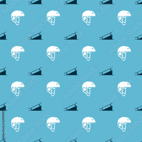 Set Skateboard on street ramp and Helmet on seamless pattern. Vector