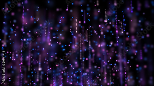 Bright violet bokeh lights abstract background. Flying blue particles or dust. Vivid lightning. Merry christmas design. Blurred light dots.