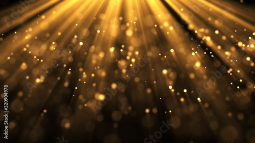 Bright gold bokeh lights abstract background. Flying golden particles or dust. Vivid lightning. Merry christmas design. Blurred light dots. Can use as cover, banner, postcard, flyer.