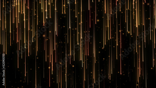 Falling bright particles. Particle rain. Flying lights. Shimmering glitters. Festive motion Gold background. Black isolated.