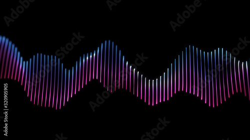 Bright wavy background. Glowing dots and lines. Neon light. Wave element for design. Smooth particle waves. Dynamic techno wallpaper. Blue and pink