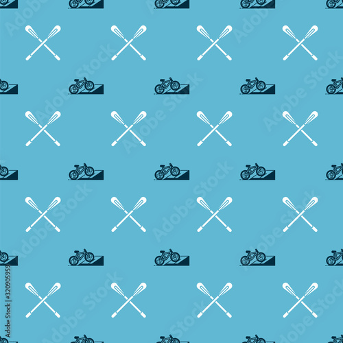 Set Bicycle on street ramp and Crossed paddle on seamless pattern. Vector