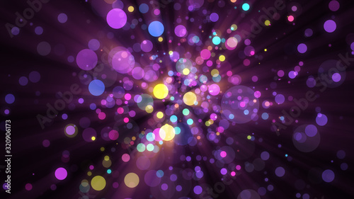 Bright violet bokeh lights abstract background. Flying purple particles or dust. Vivid lightning. Merry christmas design. Blurred light dots.