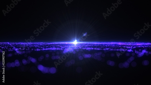 Bright wavy background. Glowing dots and lines. Neon light. Wave element for design. Smooth particle waves. Dynamic techno wallpaper. Blue and violet