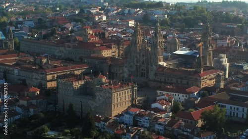 Beautiful high angle zoom out from the classical cathedral in Santiago de Compostela in Spain