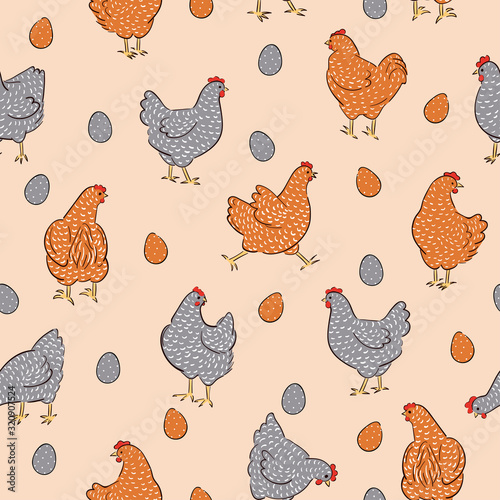 Seamless pattern with hens and eggs.  Easter vector illustration.