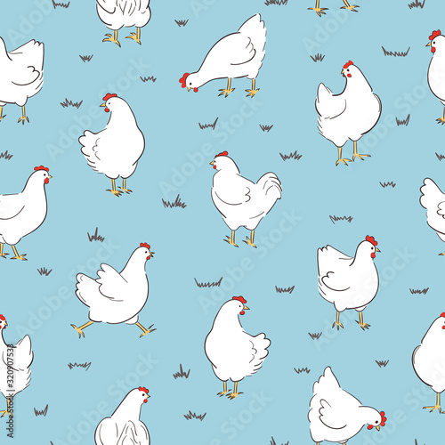 Seamless white hens pattern. Chicken vector illustration.