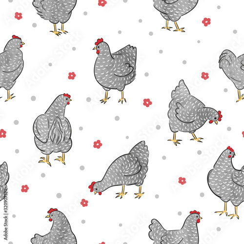 Seamless speckled hens pattern. Chicken vector illustration.