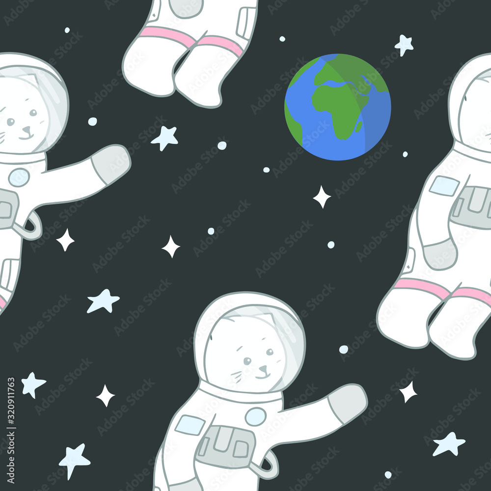 Naklejka premium Cute seamless pattern with cat astronaut and Earth illustration. Vector illustration for fabric, textile, nursery wallpaper, print.