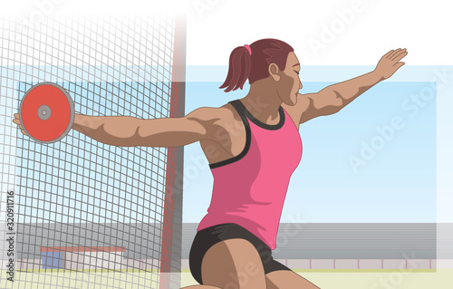 discus throw, female athlete ready to throw disc with net and stadium in the background