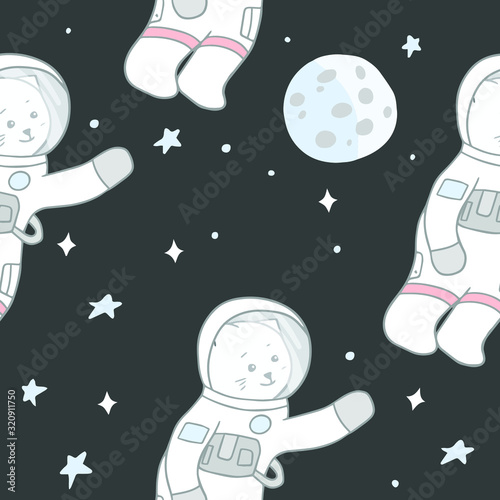 Cute seamless pattern with cat astronaut and the Moon illustration. Vector illustration for fabric, textile, nursery wallpaper, print. © Viktoria Stetskevych